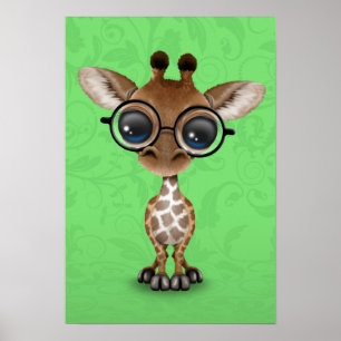 Affiche Jolie Giraffe Bébé Curieux Portant des lunettes su