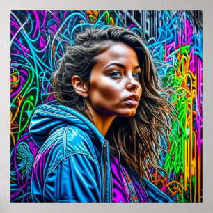 Affiche Jolie Graffiti Street Art Colorée Femme