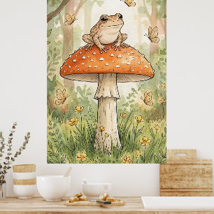 Affiche Jolie grenouille sur champignon Cottagecore forest
