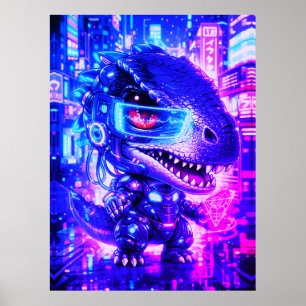 Affiche Jolie illustration cyberpunk d'un dinosaure dans u
