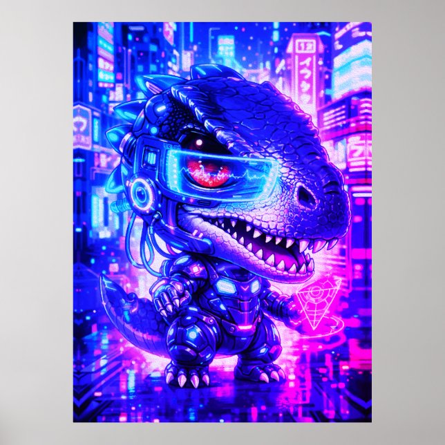 Affiche Jolie illustration cyberpunk d'un dinosaure dans u (Devant)