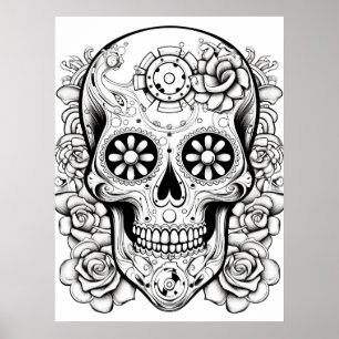 Affiche Jolie image de crâne en sucre noir et blanc sur le