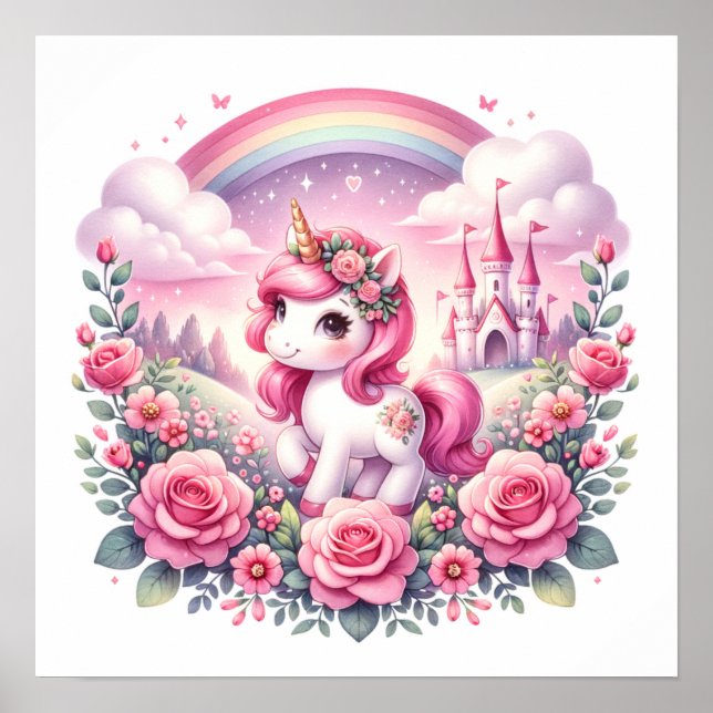 Affiche Jolie licorne rose et château de conte de fées  (Devant)