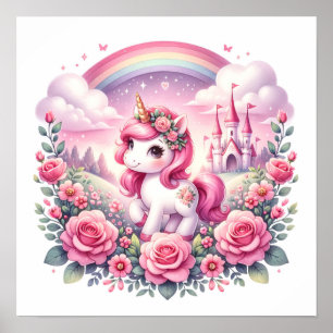 Affiche Jolie licorne rose et Château de Fairytale