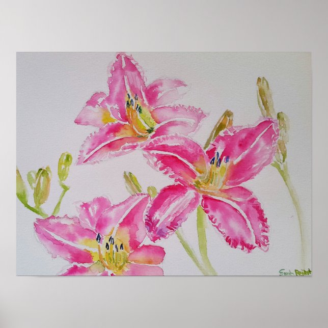 Affiche Jolie Lily Dans Pink Aquarelle Peinture Carte Post (Devant)