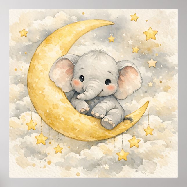 Affiche Jolie Lune d'Éléphant pour la Chambre de Bébé (Devant)