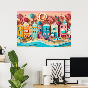 Affiche jolie maison de plage 3d effet