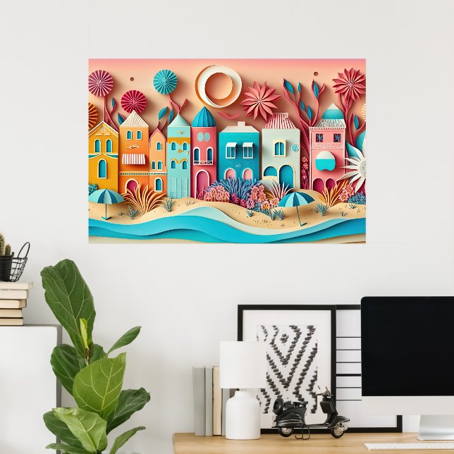 Affiche jolie maison de plage 3d effet (Bureau à domicile)