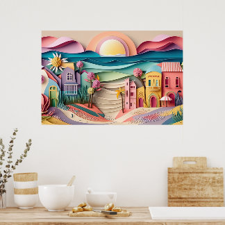 Affiche jolie maison de plage 3d effet