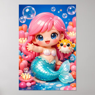 Affiche Jolie mermaid chibi avec un ami poisson-globe mer