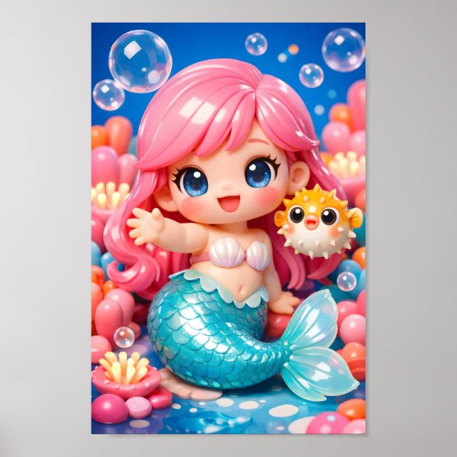 Affiche Jolie mermaid chibi avec un ami poisson-globe mer (Devant)