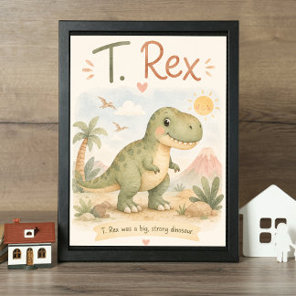 Affiche Jolie nurserie aquarelle de T. Rex dinosaure