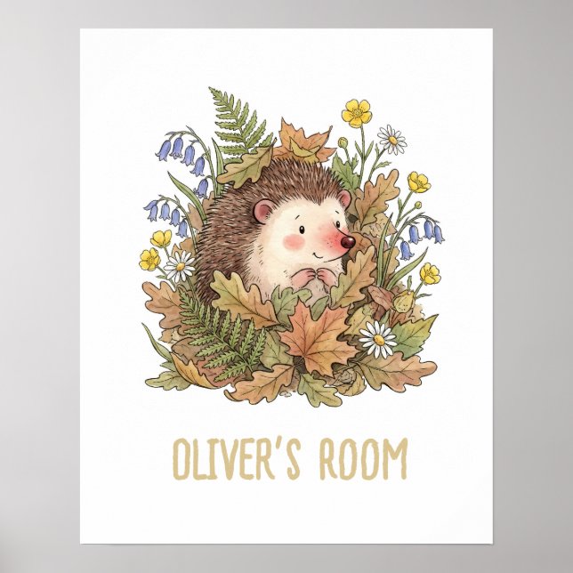 Affiche Jolie Nursery Hérisson & Fleurs Sauvages Aquarelle (Devant)