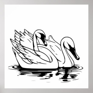 Affiche Jolie paire D'Art De Ligne De Cygne Blanc
