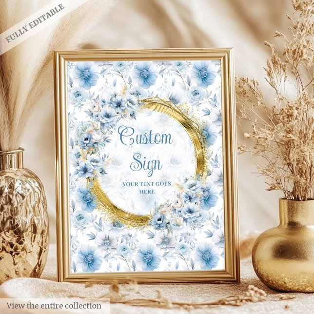 Affiche Jolie pastel bleu aquarelle fleurs or personnalisé (Pretty pastel blue watercolor flowers gold custom Poster)