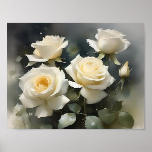 Affiche Jolie peinture d'aquarelle de jardin de roses blan