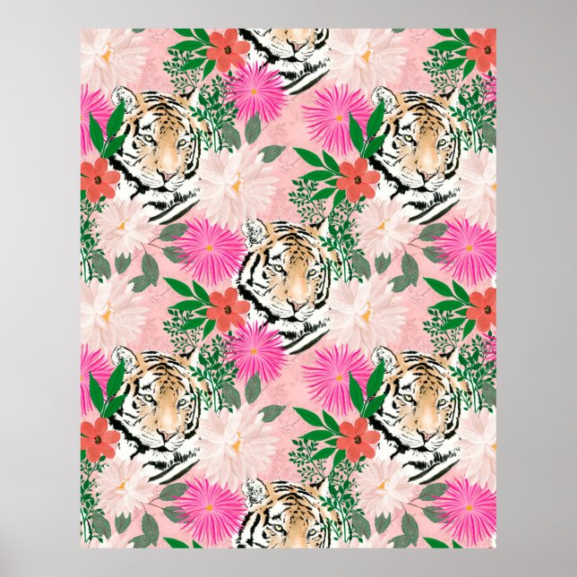 Affiche Jolie peinture florale de tigre rose blanc (Devant)