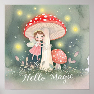 Affiche Jolie petite fée perchée sur un champignon