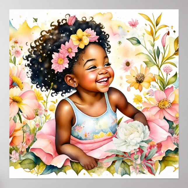 Affiche Jolie petite fille en Fleurs roses Aquarelle Art (Devant)