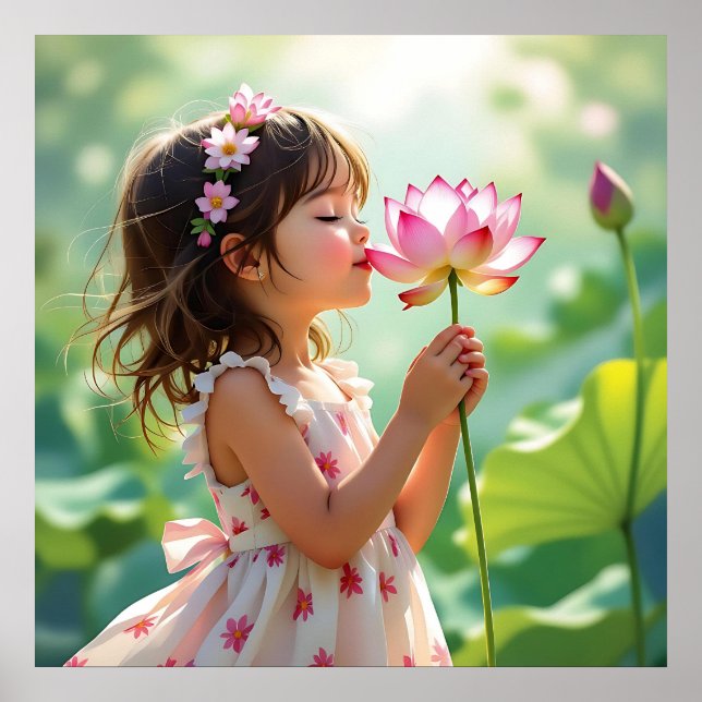 Affiche Jolie petite fille sentant une rose rose (Devant)