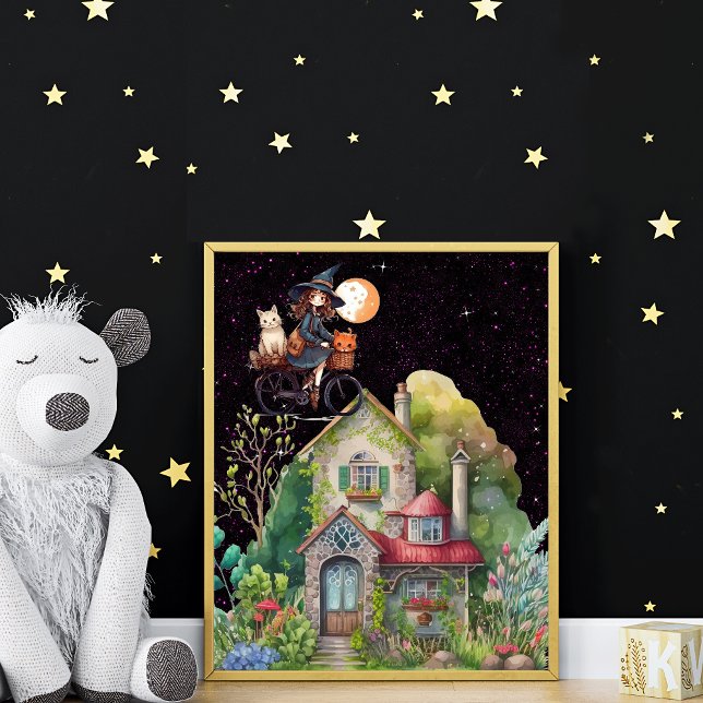 Affiche Jolie Petite Sorcière Et Chat Avec Une Bonne Maiso (Créateur téléchargé)