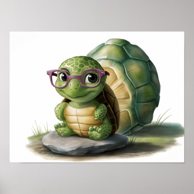 Affiche Jolie petite tortue verte portant des lunettes (Devant)