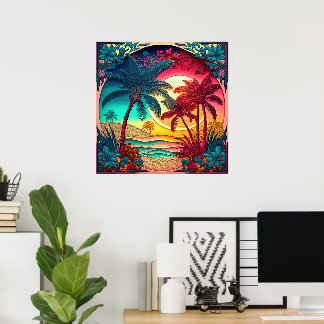 Affiche Jolie plage maison palmier