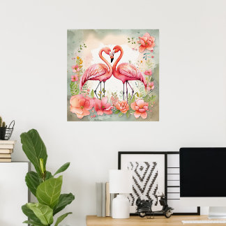 Affiche Jolie plage rose flamant