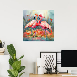 Affiche Jolie plage rose flamant