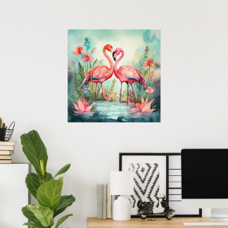 Affiche Jolie plage rose flamant