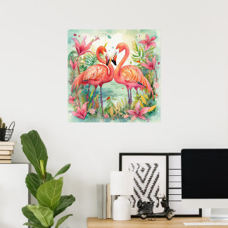 Affiche Jolie plage rose flamant