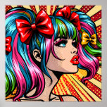 Affiche Jolie Pop Art Comic Girl with Bows<br><div class="desc">Jolie fille de style comique pop art coloré avec des cochons et des arcs dans ses cheveux.</div>