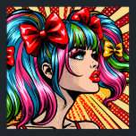 Affiche Jolie Pop Art Comic Girl with Bows<br><div class="desc">Jolie fille de style comique pop art coloré avec des cochons et des arcs dans ses cheveux.</div>