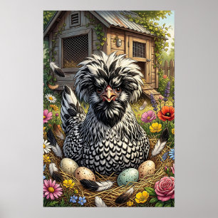 Affiche Jolie poule polonaise noire et blanche 