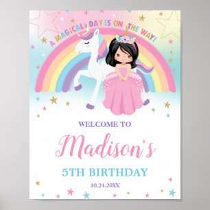 Affiche Jolie princesse et licorne Anniversaire Bienvenue