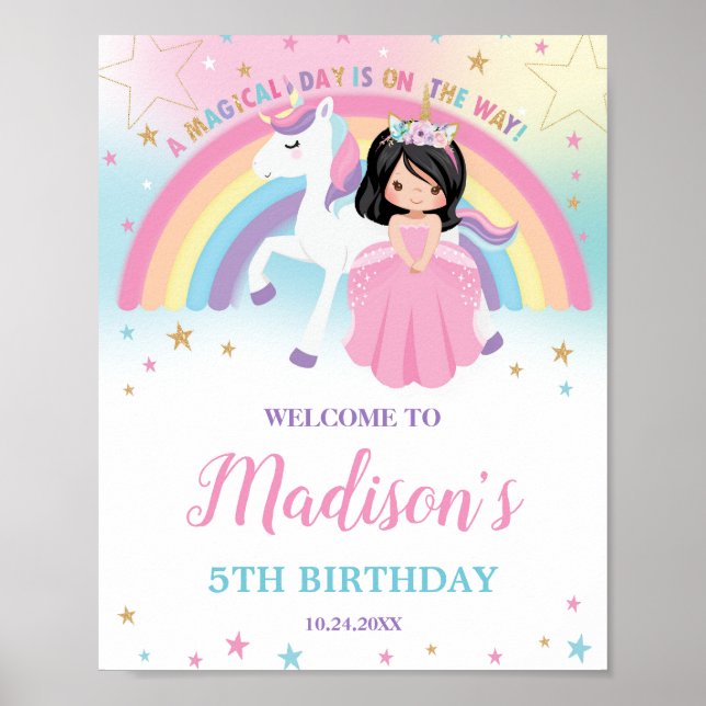 Affiche Jolie princesse et licorne Anniversaire Bienvenue  (Devant)
