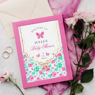 Affiche Jolie rose rose florale ruban doré Baby shower