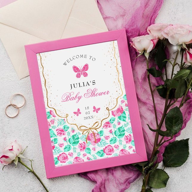 Affiche Jolie rose rose florale ruban doré Baby shower (Créateur téléchargé)