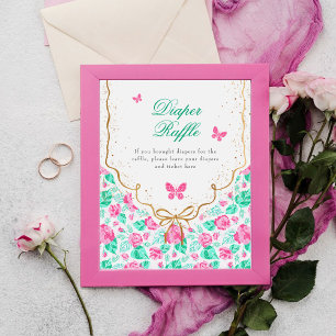 Affiche Jolie rose rose florale ruban doré Baby shower