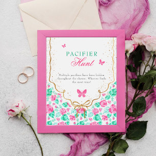 Affiche Jolie rose rose florale ruban doré Baby shower