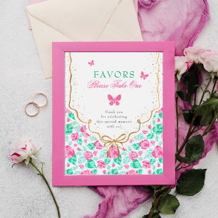 Affiche Jolie rose rose florale ruban doré Baby shower
