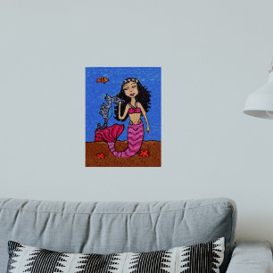 Affiche Jolie sirène aux cheveux bruns hippocampe poisson