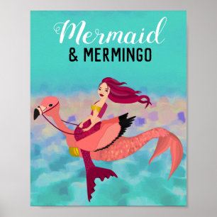 Affiche Jolie sirène violette et Flamant rose Mermingo