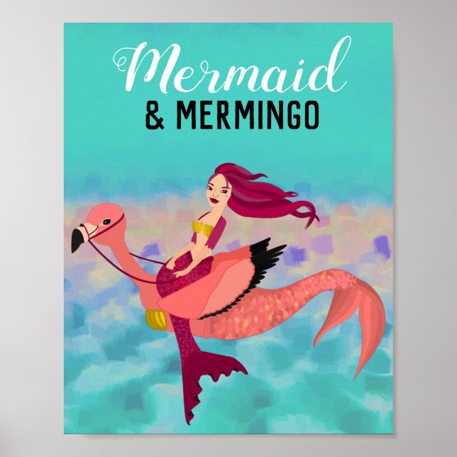 Affiche Jolie sirène violette et Flamant rose Mermingo (Devant)