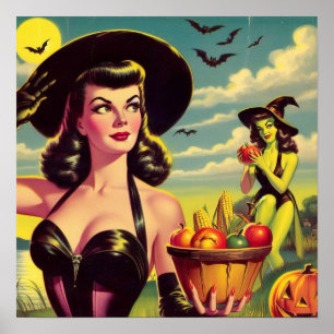 Affiche Jolie sorcière d'Halloween vintage épinglée