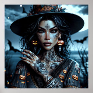 Affiche Jolie sorcière gothique avec Halloween tatoués