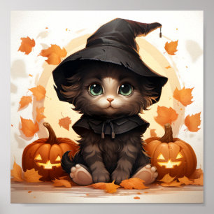 Affiche Jolie Sorcière Halloween Kitten, Feuille Et Citrou