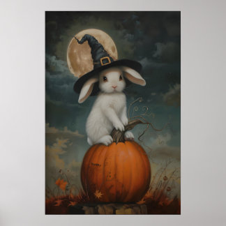 Affiche Jolie sorcière lapin sur une citrouille, impressio