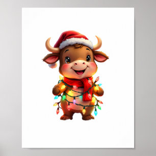 Affiche Jolie vache de Noël Festif avec lumières de Noël