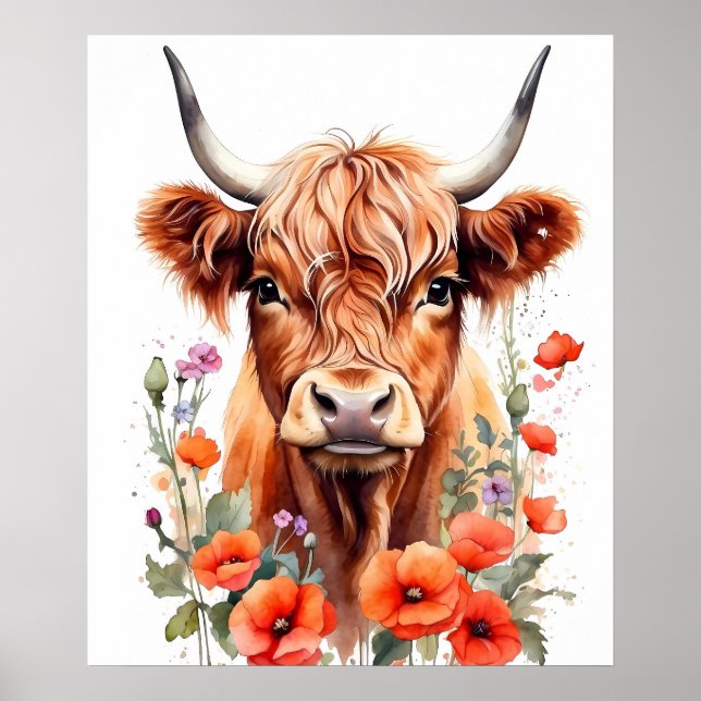 Affiche Jolie Vache Highland Et Fleurs De Pavot Aquarelle (Devant)